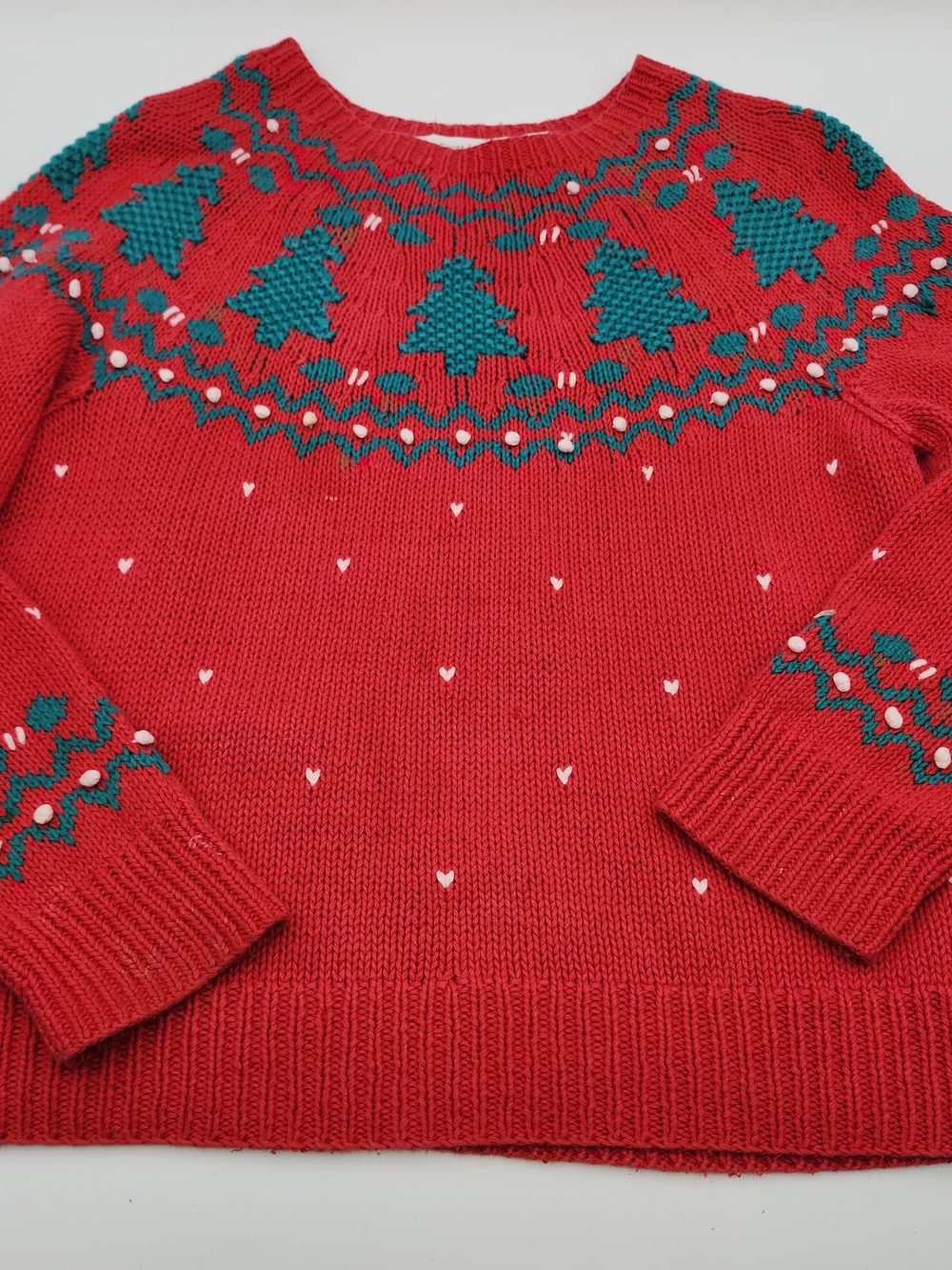 Vintage Red Holiday  Yoke Hand Knit Christmas Tree Sweater